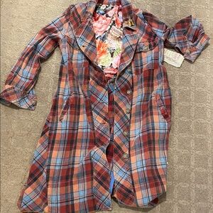 ARATTA Plaid Button-Up Dress/Duster/Coat with Floral Lining. Medium